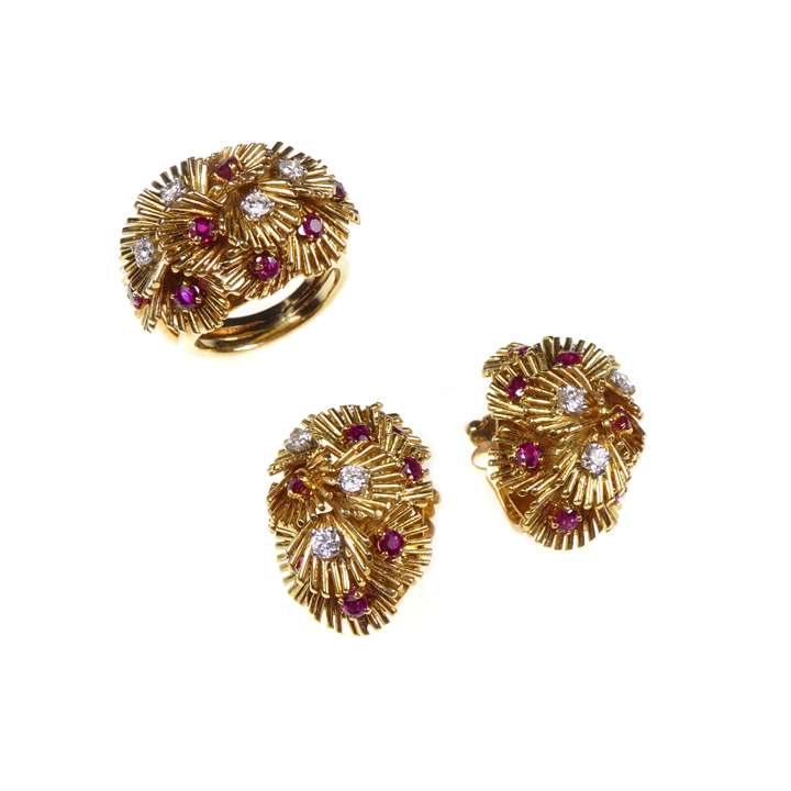 Gold, ruby and diamond wirework starburst demi-parure comprising a ring and pair of earrings